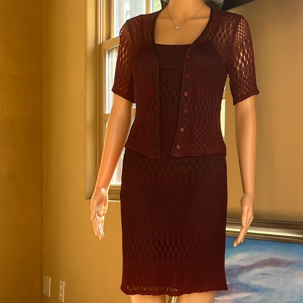 Crochet Knit Dress Set in Deep Burgundy/Brown